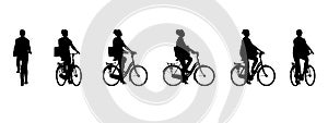 Vector concept conceptual black silhouette of a woman riding a bicycle from different perspectives isolated on white background.