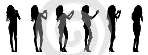 Vector concept conceptual black silhouette of a woman taking a selfie isolated on white background.