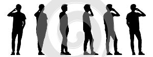 Vector concept conceptual black silhouette of a young man talking on the phone from different perspectives