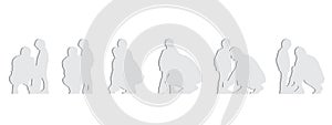 Vector concept conceptual gray paper cut silhouette of a father helping his son tie his shoe laces from different perspectives