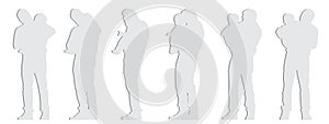 Vector concept conceptual gray paper cut silhouette of a father holding a baby from different perspectives