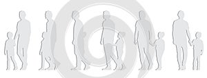 Vector concept conceptual gray paper cut silhouette of a father holding his daughter by the hand from different perspectives