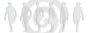 Vector concept conceptual gray paper cut silhouette of a woman doing physical exercise from different perspectives