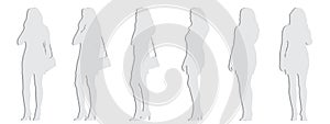 Vector concept conceptual gray paper cut silhouette of a woman elegantly dressed speaking on the phone isolated on white