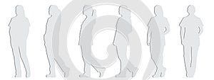 Vector concept conceptual gray paper cut silhouette of a woman in white scrubs with a stethoscope from different perspectives