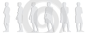 Vector concept conceptual gray paper cut silhouette of a young man in shorts standing from different perspectives