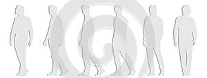 Vector concept conceptual gray paper cut silhouette of an young man walking from different perspectives