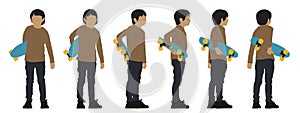 Vector concept conceptual silhouette of a boy holding a skateboard in hands from different perspectives