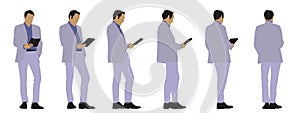 Vector concept conceptual silhouette of a businessman holding a book from different perspectives