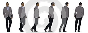 Vector concept conceptual silhouette of a businessman holding a laptop from different perspectives isolated on white background.