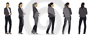 Vector concept or conceptual silhouette of a businesswoman from different perspectives isolated on white background.