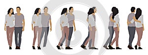 Vector concept conceptual silhouette of a couple walking from different perspectives isolated on white background.