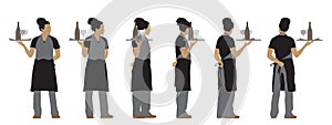 Vector concept conceptual silhouette of a female waiter serving drinks from different perspectives isolated on white background.