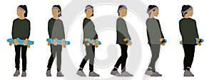 Vector concept conceptual silhouette of a girl holding a skateboard in hands from different perspectives