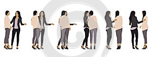 Vector concept conceptual silhouette of two women standing and talking from different perspectives isolated on white.