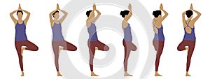 Vector concept conceptual silhouette of a woman doing a yoga pose from different perspectives isolated on white background.