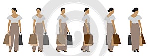 Vector concept conceptual silhouette of a woman holding shopping bags from different perspectives isolated on white background. A