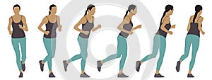 Vector concept conceptual silhouette of a woman running from different perspectives