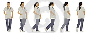 Vector concept conceptual silhouette of a woman in white scrubs with a stethoscope from different perspectives isolated on white