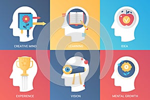 Vector Concept creative mind, learning, idea, experience vision, mental growth. Modern gradient flat style.