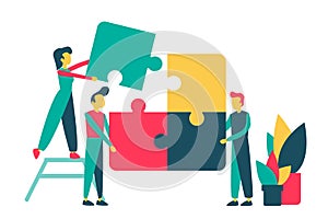 Vector concept of creative teamwork with puzzle and characters