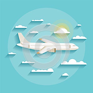 Vector concept of detailed airplane flying through clouds.