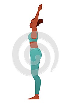 Vector concept with flat female character. Strong woman learns standing posture Urdhva Hastasana at yoga class. Fitness