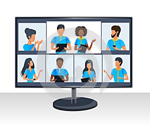 Vector concept of group corporate video conference. Multi ethnic business team working at online meeting by video call.