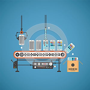 Vector concept of hardware and software production with smartphones on conveyor line