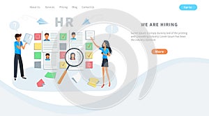 Vector concept of human resources, online recruitment and hiring. Employment agency. Recruiters and managers select a resume
