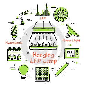 Vector concept of hydroponic and growth led light - hanging LED lamp