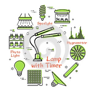 Vector concept of hydroponic and growth led light - lamp with timer