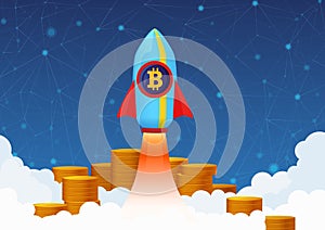 Vector Concept Illustration of Bitcoin growth with rocket and coins. Cryptocurrency Pump.