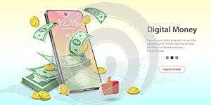 Vector Concept Illustration of Digital Money, Mobile Banking, Online Wallet.