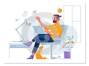 Vector concept illustration. A freelancer working at home with cat.Creative landing web page design template banner.