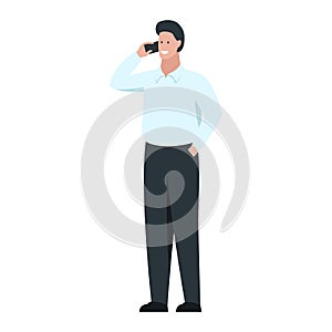 Vector concept illustration of happy smiling man talking on the phone. Standing male character full length cartoon drawing. Man