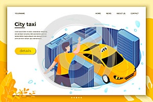 Vector concept illustration - man catching taxi cab.