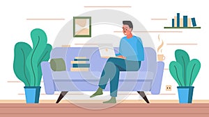 Vector concept illustration of a man with laptop working on the sofa in a room. Young stylish happy freelancer work from home in a