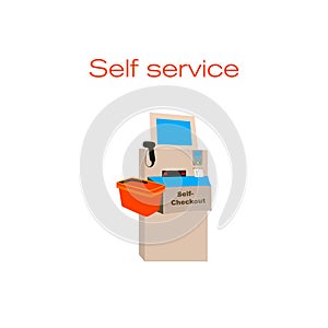 Vector concept illustration on `Self Checkout` shop cashier.