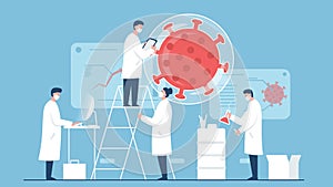 Vector concept illustration of a team of scientists working on coronavirus vaccine in the laboratory. It represents a concept of