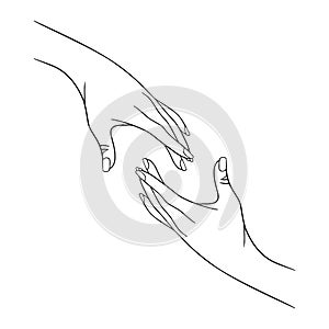 Vector concept illustration. Trust, help, care sign. Two hands reach out to each other.