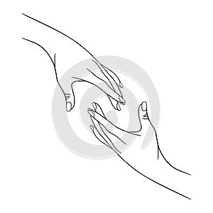 Vector concept illustration. Trust, help, care sign. Two hands reach out to each other. photo