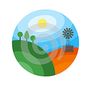 Vector concept image farming rural landscape. Vector illustration of a cartoon windmill standing on the outskirts of the village.