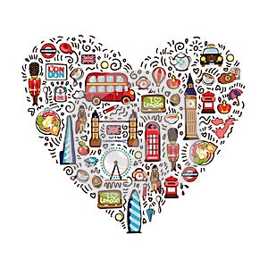 Vector concept of London city Travelling doodles elements collection in the heart shape. Hand drawn London travel set