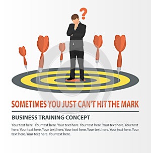 Vector concept of missed target business strategy. Businessman looking at the dart board. Darts missed the target.