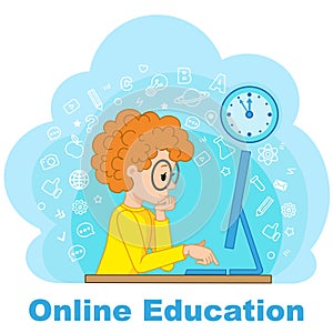 Vector concept online education, distance learning. Character in cartoon style. A curly-haired red-haired boy at the