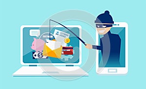 Vector concept of phishing scam, hacker attack and web security photo