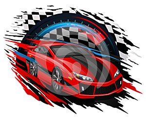 Vector Concept of Racing Car set against a Speedometer & Checkered flag