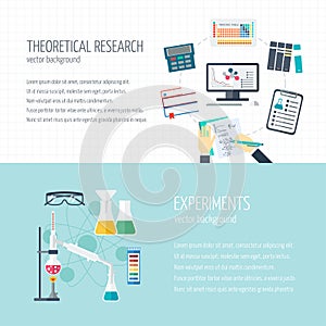 Vector concept of research and the chemical industry. Horizontal banners of theoretical research and experiments. Icons in the fla