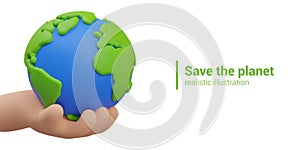 Vector concept of saving planet. Human hand holds Earth. Color illustration in cartoon style